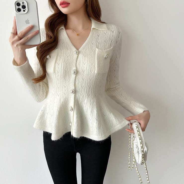 ペプラムニットカーディガン カーディガン ペプラムトップス[品番