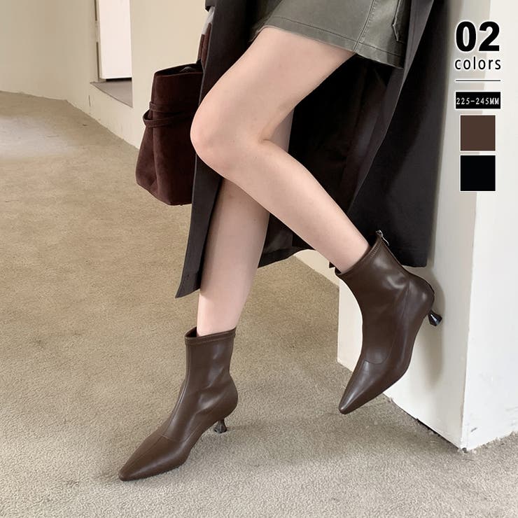 ブラウン | キトゥンヒールブーツ ショートブーツ ポインテッドトゥ | COCOMOMO