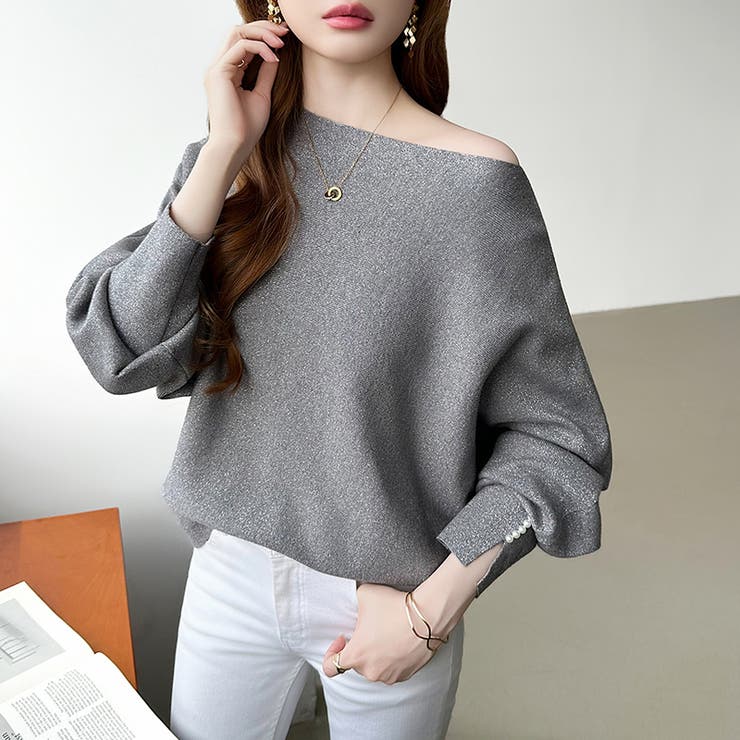 袖パールドルマンニット ボートネック ドルマンスリーブ | COCOMOMO | 詳細画像19 