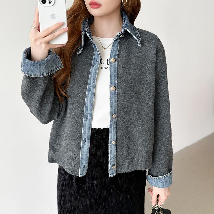 レイヤード風ニットカーディガン ドッキングデニム カーディガン | COCOMOMO | 詳細画像10 