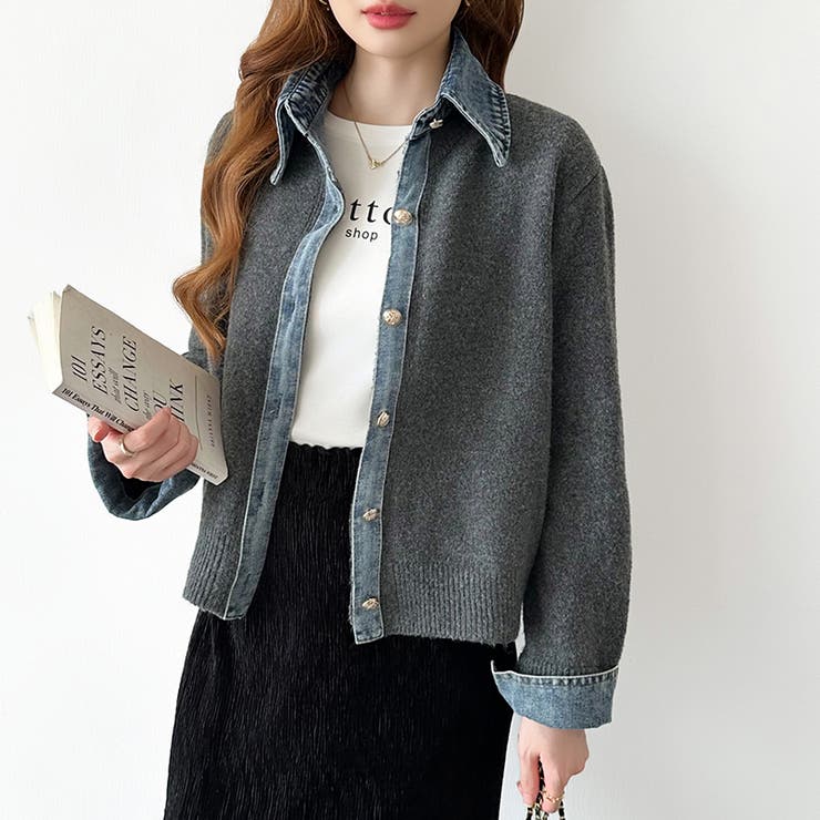 レイヤード風ニットカーディガン ドッキングデニム カーディガン | COCOMOMO | 詳細画像11 