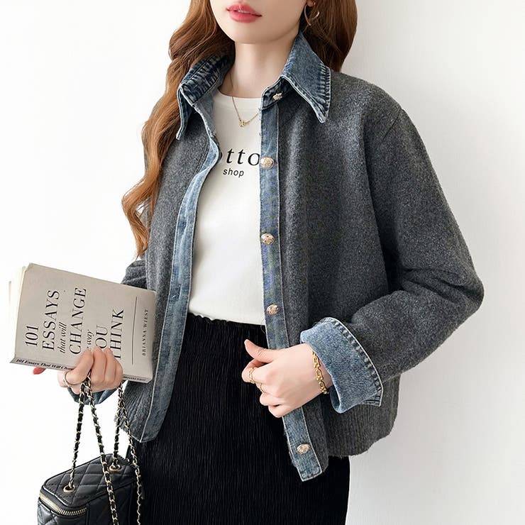 レイヤード風ニットカーディガン ドッキングデニム カーディガン | COCOMOMO | 詳細画像12 