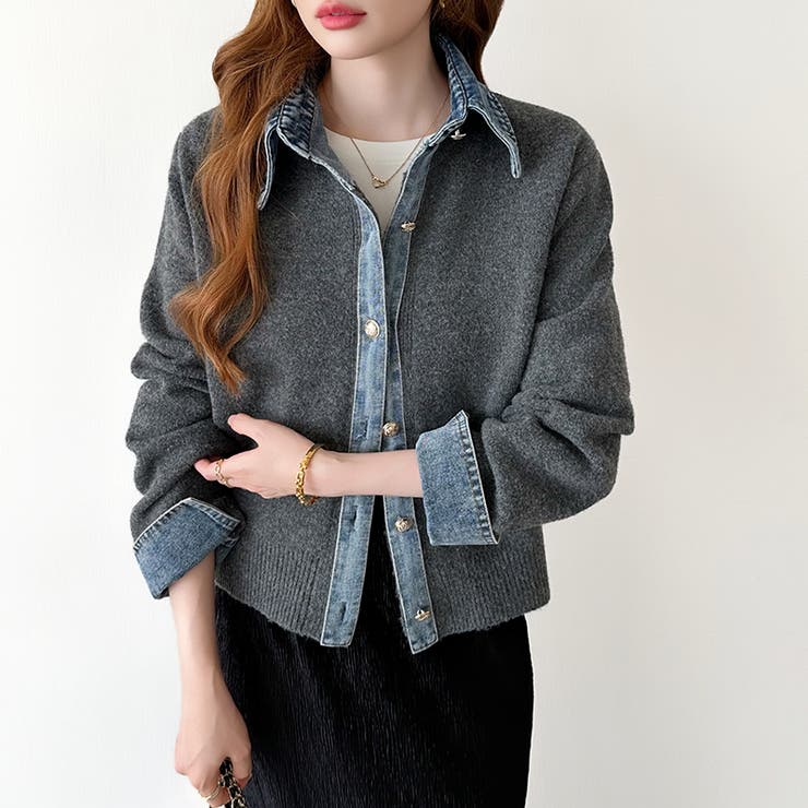 レイヤード風ニットカーディガン ドッキングデニム カーディガン | COCOMOMO | 詳細画像13 