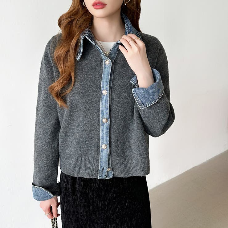 レイヤード風ニットカーディガン ドッキングデニム カーディガン | COCOMOMO | 詳細画像14 