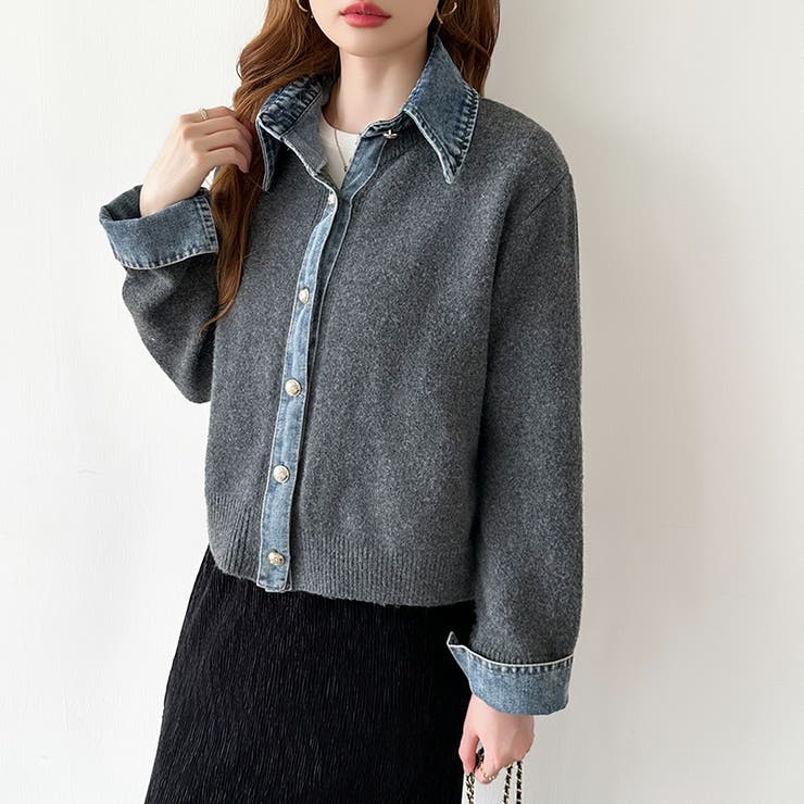 レイヤード風ニットカーディガン ドッキングデニム カーディガン | COCOMOMO | 詳細画像15 