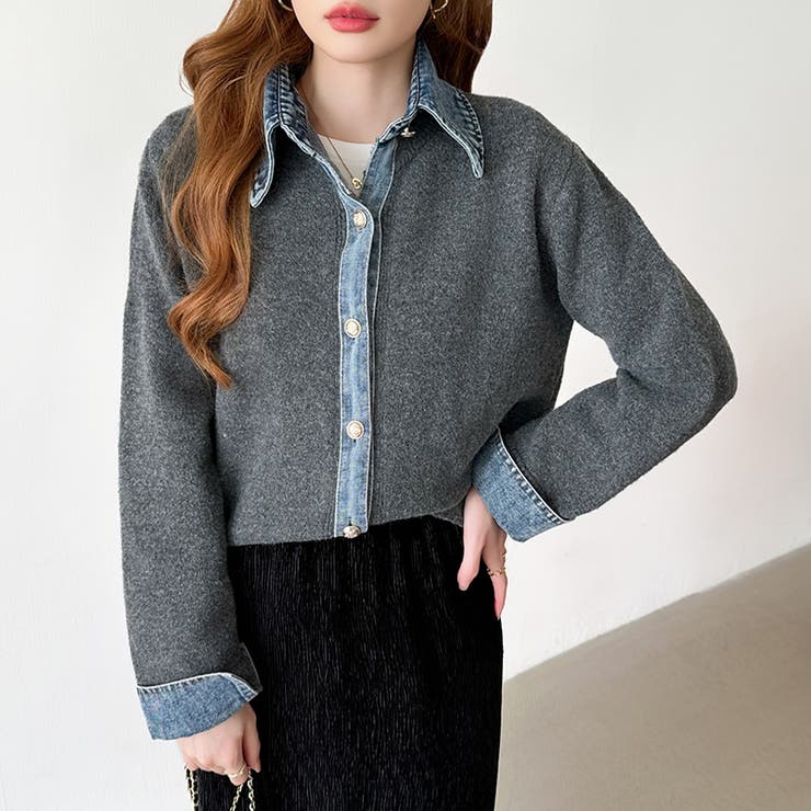 レイヤード風ニットカーディガン ドッキングデニム カーディガン | COCOMOMO | 詳細画像18 