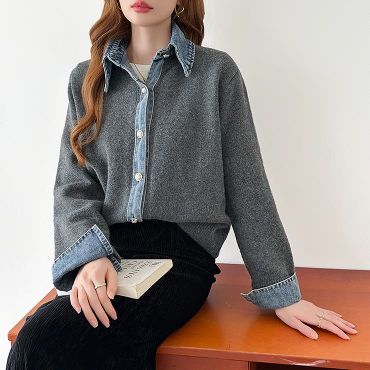 レイヤード風ニットカーディガン ドッキングデニム カーディガン | COCOMOMO | 詳細画像19 