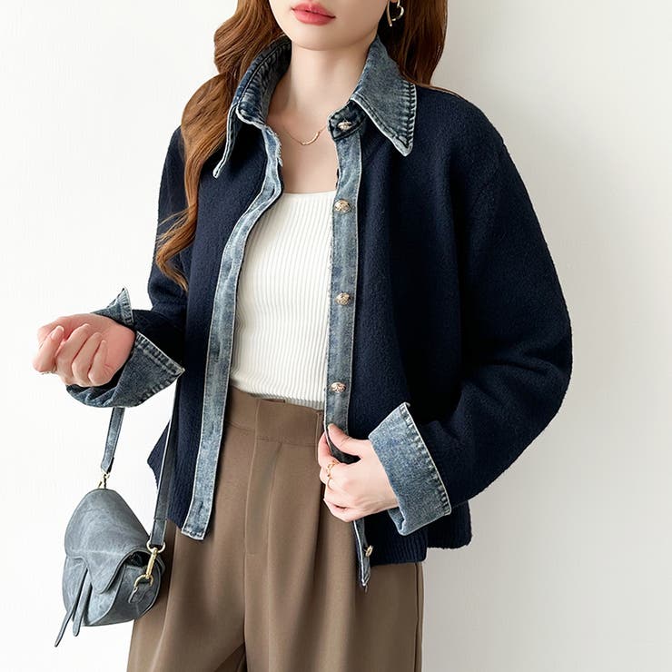 レイヤード風ニットカーディガン ドッキングデニム カーディガン | COCOMOMO | 詳細画像2 