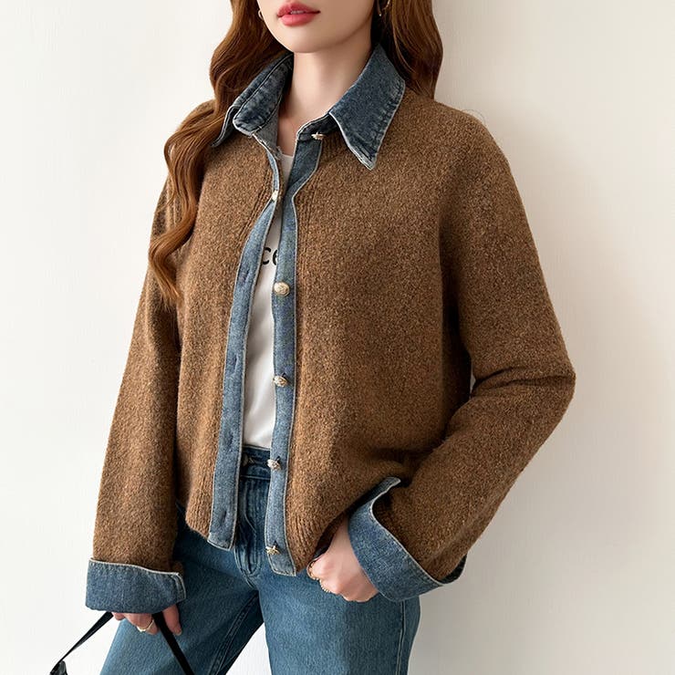 レイヤード風ニットカーディガン ドッキングデニム カーディガン | COCOMOMO | 詳細画像21 