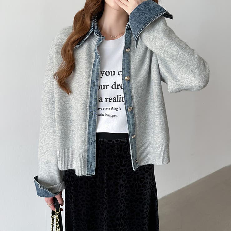 レイヤード風ニットカーディガン ドッキングデニム カーディガン | COCOMOMO | 詳細画像29 