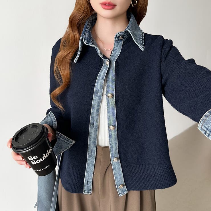 レイヤード風ニットカーディガン ドッキングデニム カーディガン | COCOMOMO | 詳細画像3 