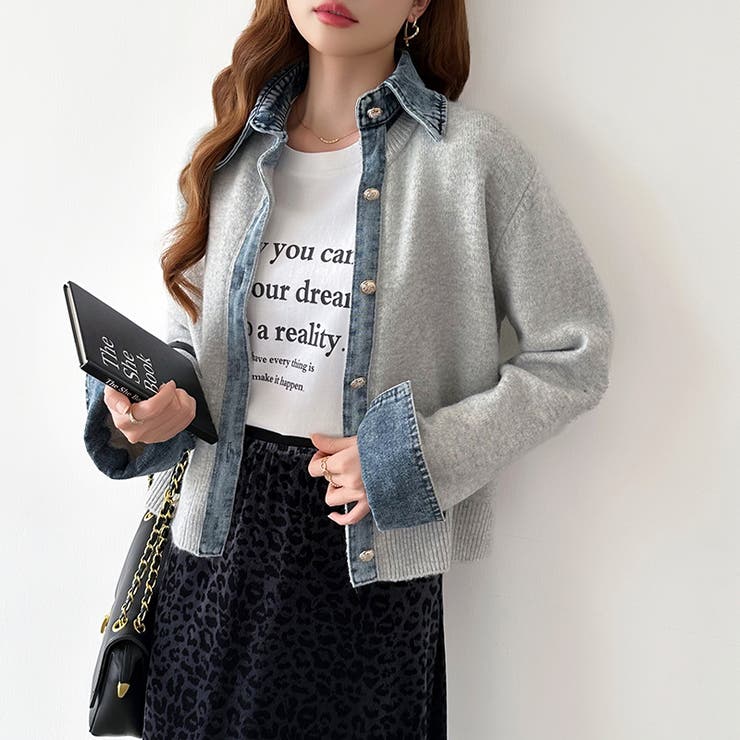 レイヤード風ニットカーディガン ドッキングデニム カーディガン | COCOMOMO | 詳細画像30 