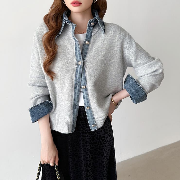 レイヤード風ニットカーディガン ドッキングデニム カーディガン | COCOMOMO | 詳細画像31 