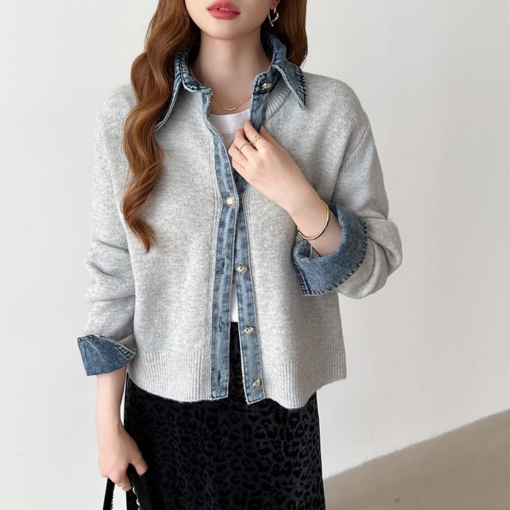 レイヤード風ニットカーディガン ドッキングデニム カーディガン | COCOMOMO | 詳細画像32 