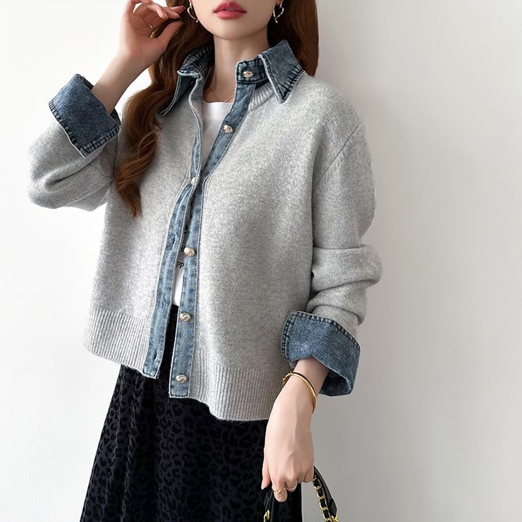 レイヤード風ニットカーディガン ドッキングデニム カーディガン | COCOMOMO | 詳細画像33 