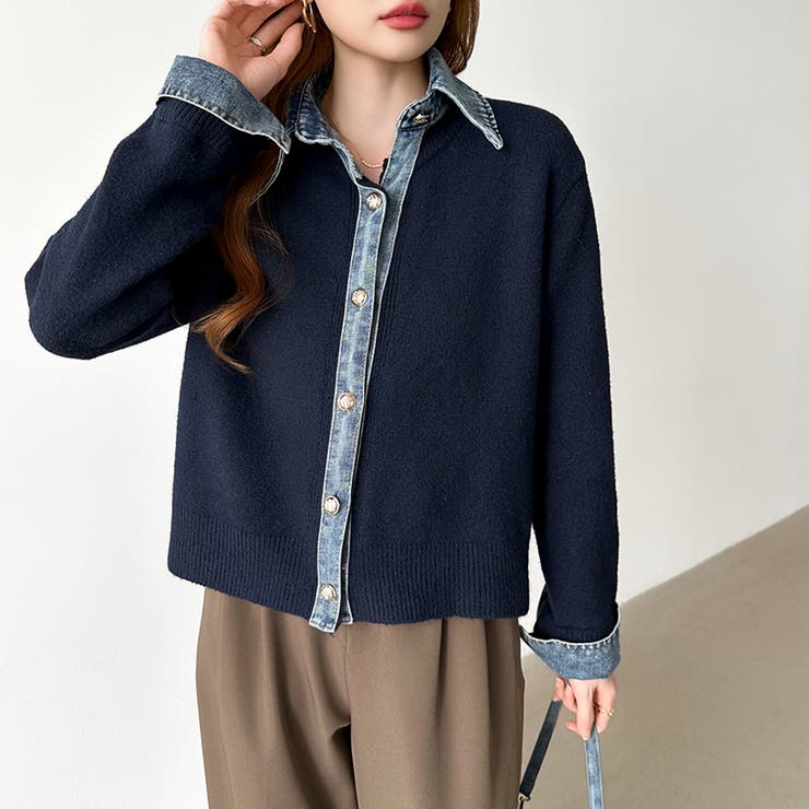 レイヤード風ニットカーディガン ドッキングデニム カーディガン | COCOMOMO | 詳細画像4 