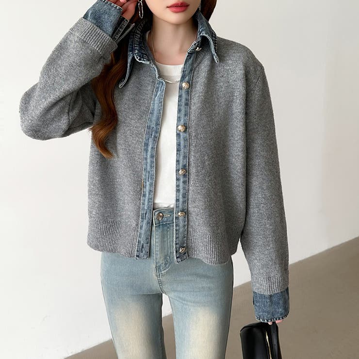 レイヤード風ニットカーディガン ドッキングデニム カーディガン | COCOMOMO | 詳細画像40 