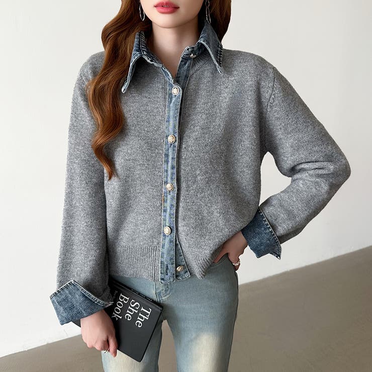 レイヤード風ニットカーディガン ドッキングデニム カーディガン | COCOMOMO | 詳細画像44 