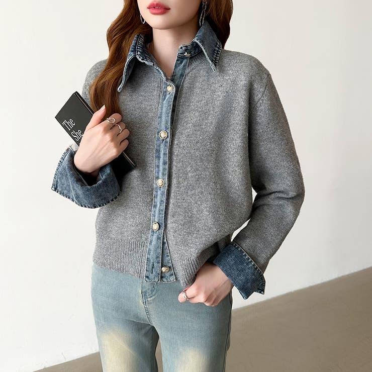 レイヤード風ニットカーディガン ドッキングデニム カーディガン | COCOMOMO | 詳細画像45 