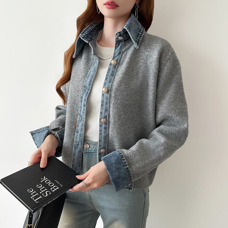 レイヤード風ニットカーディガン ドッキングデニム カーディガン | COCOMOMO | 詳細画像48 