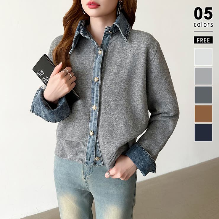 グレー | レイヤード風ニットカーディガン ドッキングデニム カーディガン | COCOMOMO