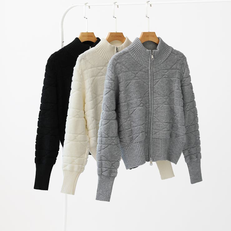 リブで魅せる美バランス ダイヤ柄ダブルジップニット ブルゾン[品番