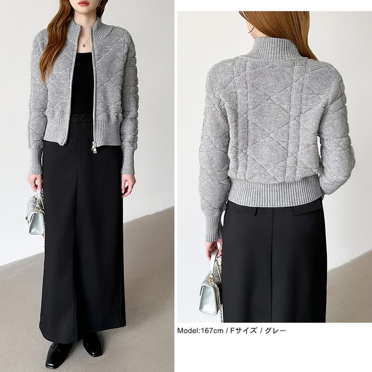 リブで魅せる美バランス ダイヤ柄ダブルジップニット ブルゾン[品番