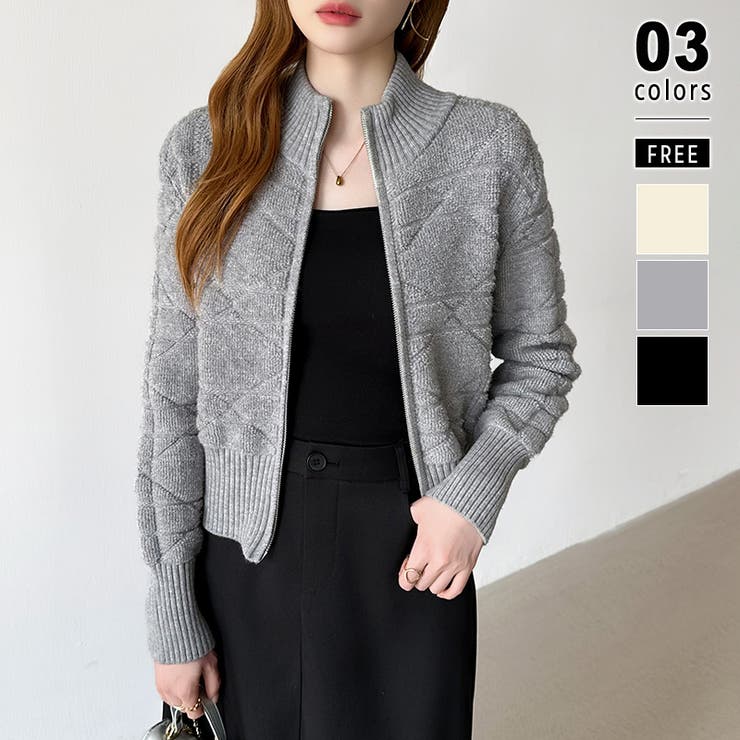 リブで魅せる美バランス ダイヤ柄ダブルジップニット ブルゾン[品番