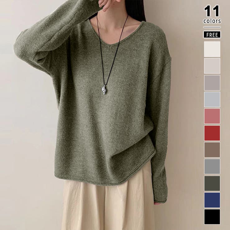 グリーン | 抜け感リラックスニット Vネックニット 長袖ニット | COCOMOMO