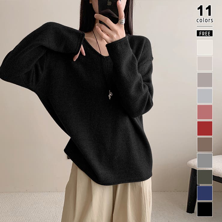 ブラック | 抜け感リラックスニット Vネックニット 長袖ニット | COCOMOMO
