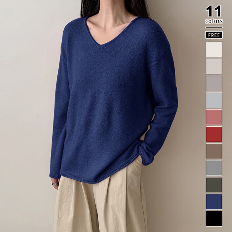 ダークブルー | 抜け感リラックスニット Vネックニット 長袖ニット | COCOMOMO
