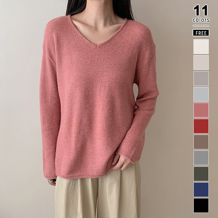 ピンク | 抜け感リラックスニット Vネックニット 長袖ニット | COCOMOMO