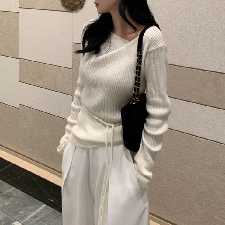 イレギュラーネックニット リブニット アシンメトリー | COCOMOMO | 詳細画像5 