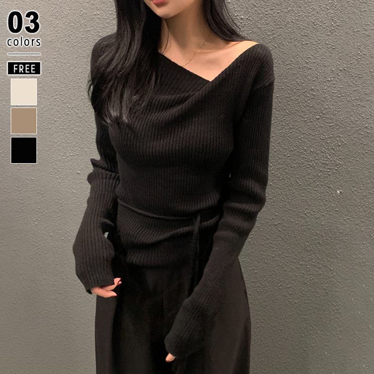 ブラック | イレギュラーネックニット リブニット アシンメトリー | COCOMOMO