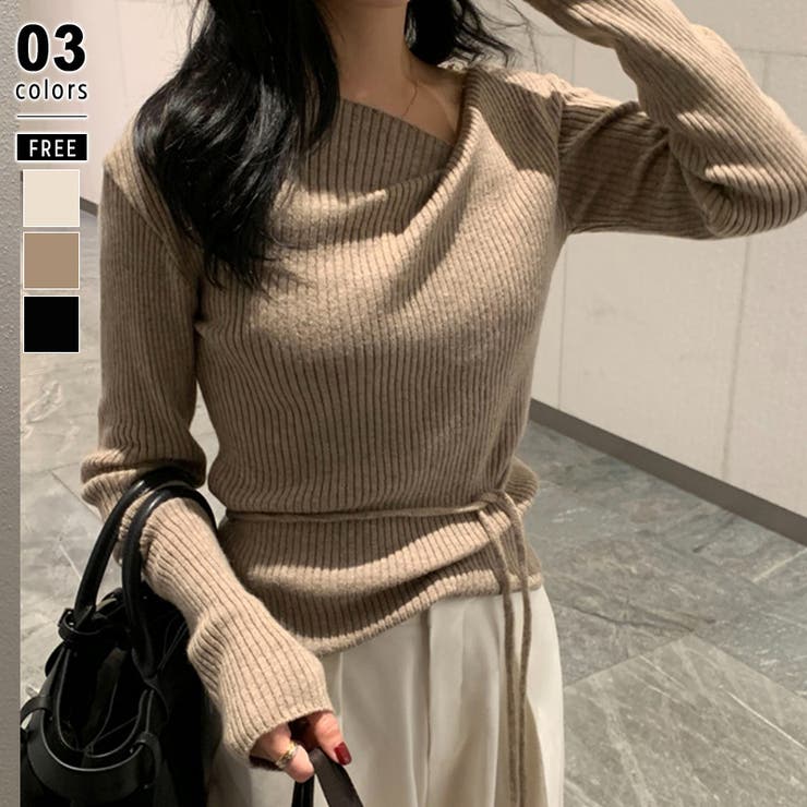 ブラウン | イレギュラーネックニット リブニット アシンメトリー | COCOMOMO