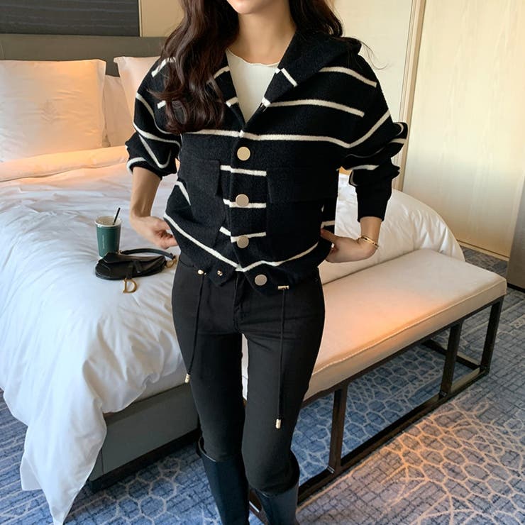 ボーダーフードカーディガン ボーダーカーディガン ニットパーカー | COCOMOMO | 詳細画像3 