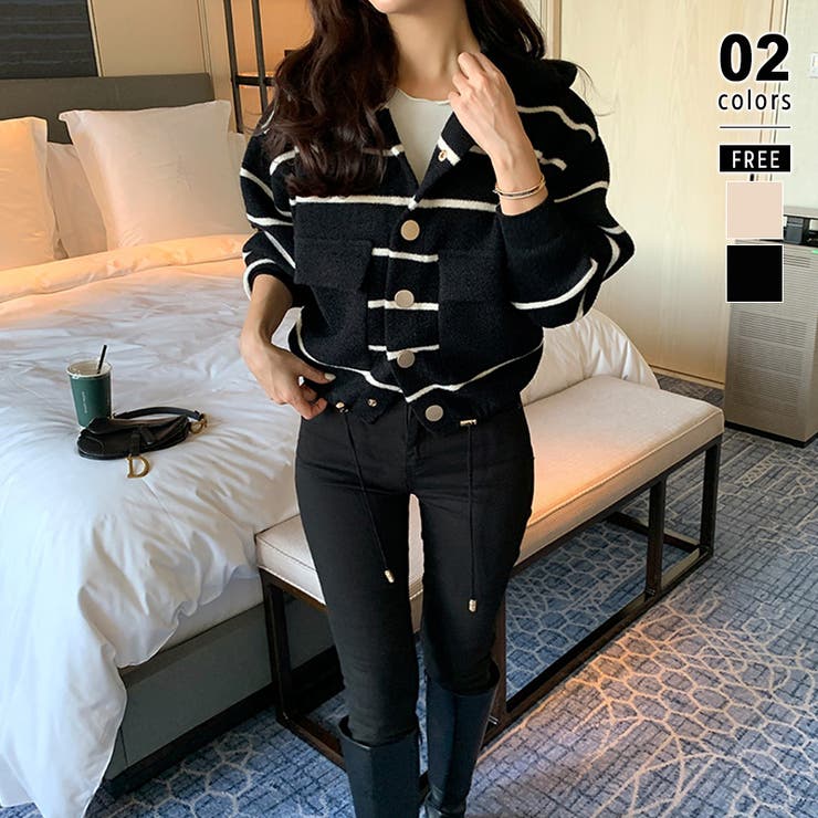 ブラック | ボーダーフードカーディガン ボーダーカーディガン ニットパーカー | COCOMOMO