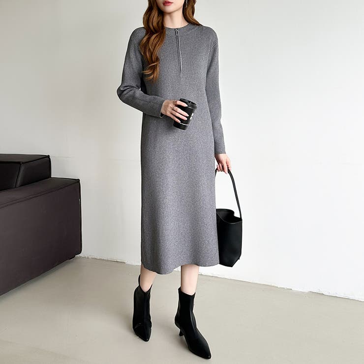 ハーフジップワンピース ニットワンピース リブニット | COCOMOMO | 詳細画像10 