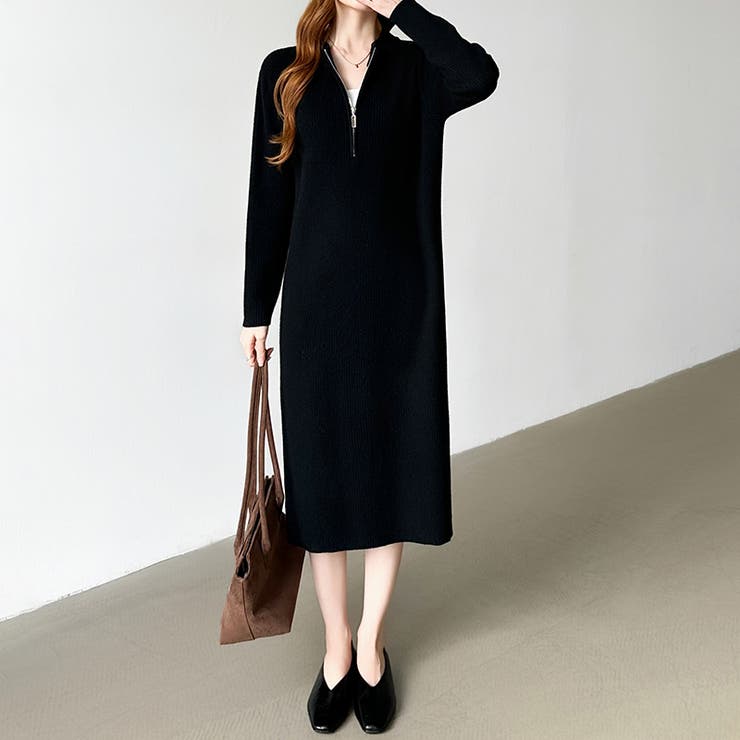 ハーフジップワンピース ニットワンピース リブニット | COCOMOMO | 詳細画像12 