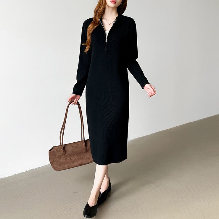 ハーフジップワンピース ニットワンピース リブニット | COCOMOMO | 詳細画像13 