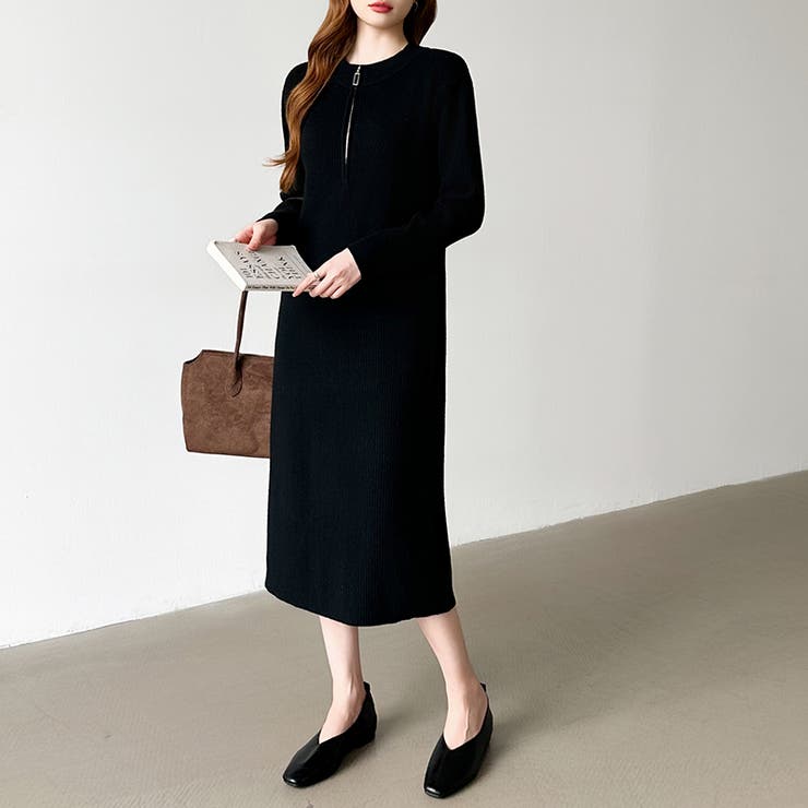 ハーフジップワンピース ニットワンピース リブニット | COCOMOMO | 詳細画像15 