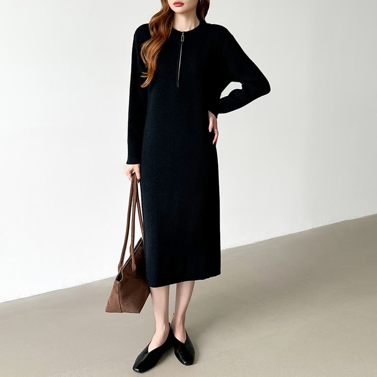 ハーフジップワンピース ニットワンピース リブニット | COCOMOMO | 詳細画像16 