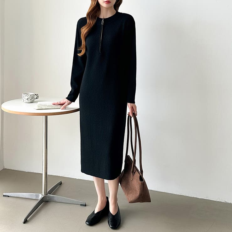 ハーフジップワンピース ニットワンピース リブニット | COCOMOMO | 詳細画像18 