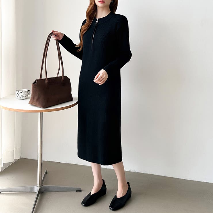 ハーフジップワンピース ニットワンピース リブニット | COCOMOMO | 詳細画像19 