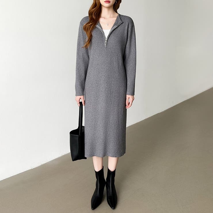 ハーフジップワンピース ニットワンピース リブニット | COCOMOMO | 詳細画像2 