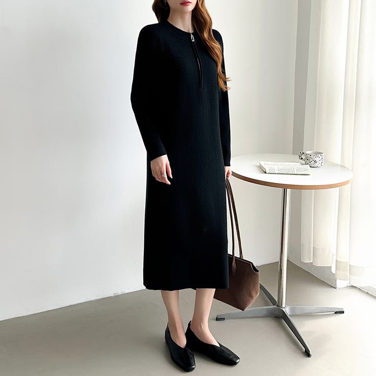 ハーフジップワンピース ニットワンピース リブニット | COCOMOMO | 詳細画像20 