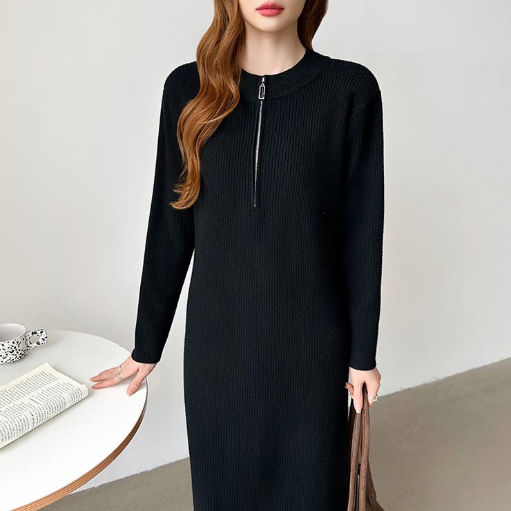 ハーフジップワンピース ニットワンピース リブニット | COCOMOMO | 詳細画像21 