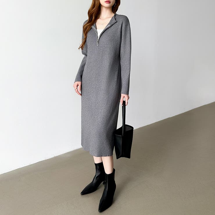 ハーフジップワンピース ニットワンピース リブニット | COCOMOMO | 詳細画像3 