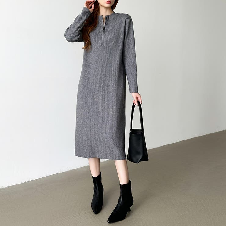 ハーフジップワンピース ニットワンピース リブニット | COCOMOMO | 詳細画像4 