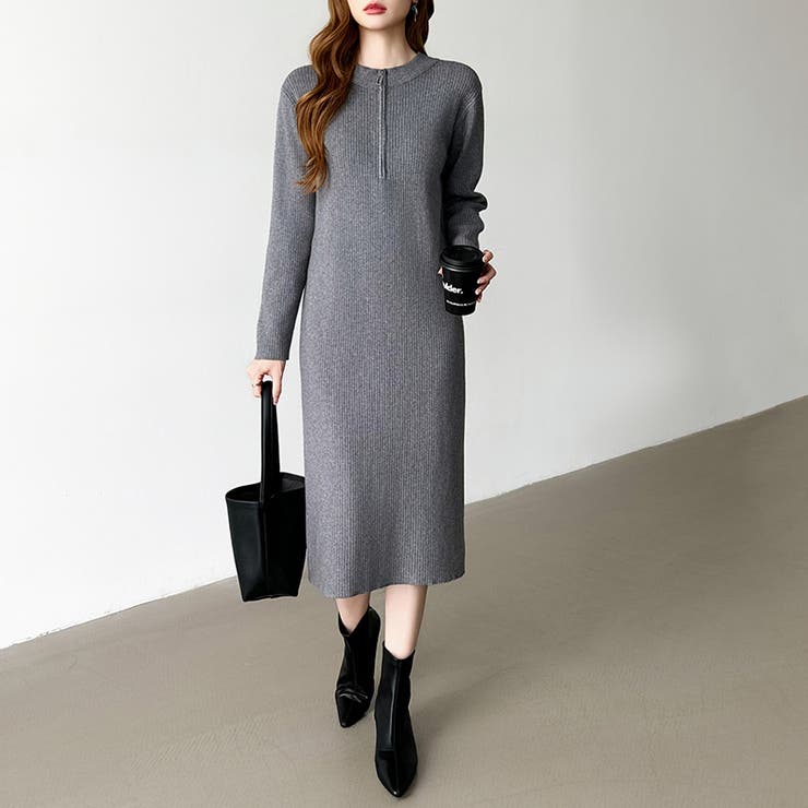 ハーフジップワンピース ニットワンピース リブニット | COCOMOMO | 詳細画像5 